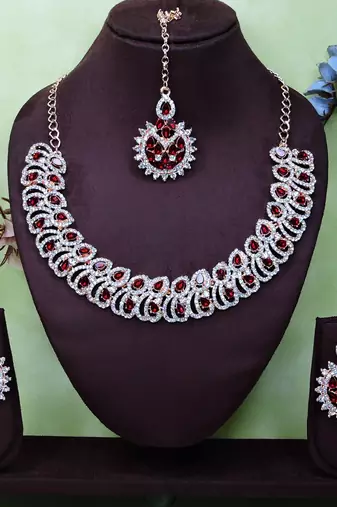Maroon rose gold premium designer american diamond and stone work necklace set