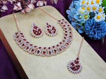 Maroon rose gold premium designer american diamond and stone work necklace set 2