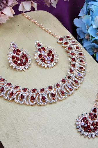 Maroon rose gold premium designer american diamond and stone work necklace set