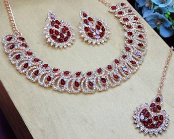 Maroon rose gold premium designer american diamond and stone work necklace set 3
