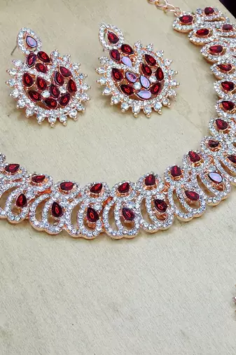 Maroon rose gold premium designer american diamond and stone work necklace set