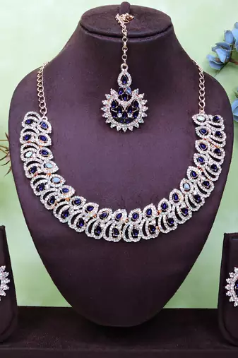 Blue rose gold premium designer american diamond and stone work necklace set