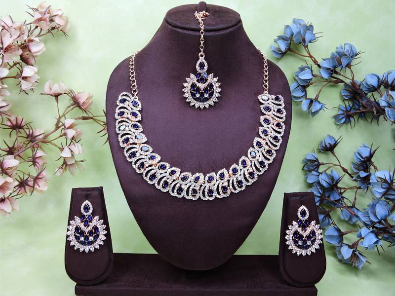 Blue rose gold premium designer american diamond and stone work necklace set