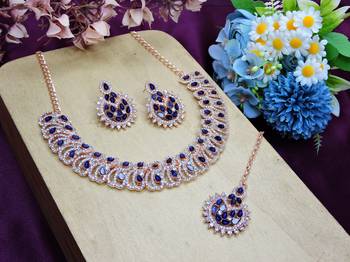 Blue rose gold premium designer american diamond and stone work necklace set 2