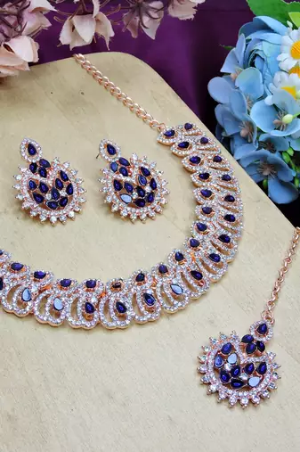 Blue rose gold premium designer american diamond and stone work necklace set
