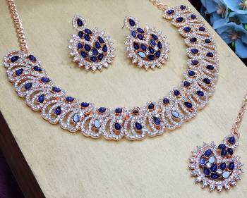 Blue rose gold premium designer american diamond and stone work necklace set 3