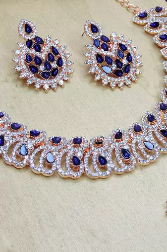 Blue rose gold premium designer american diamond and stone work necklace set