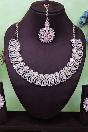 Pink rose gold premium designer american diamond and stone work necklace set