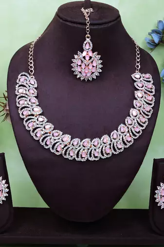 Pink rose gold premium designer american diamond and stone work necklace set