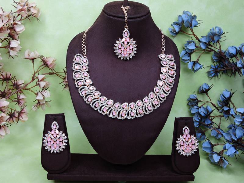 Pink rose gold premium designer american diamond and stone work necklace set
