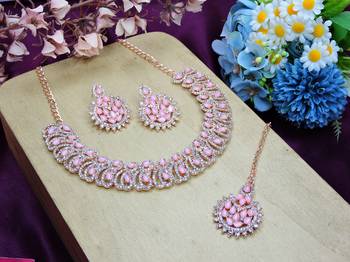 Pink rose gold premium designer american diamond and stone work necklace set 2