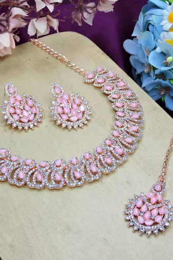 Pink rose gold premium designer american diamond and stone work necklace set