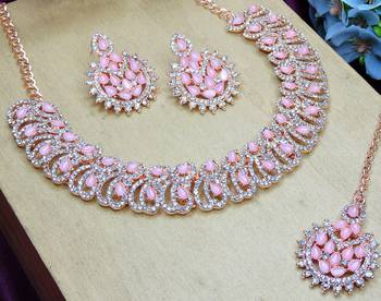 Pink rose gold premium designer american diamond and stone work necklace set 3