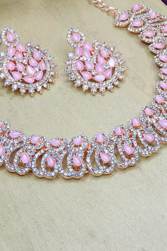 Pink rose gold premium designer american diamond and stone work necklace set