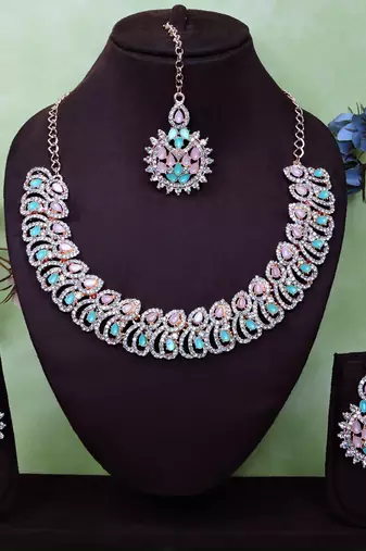 Green rose gold premium designer american diamond and stone work necklace set