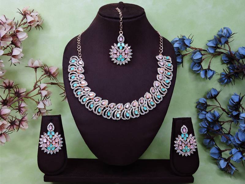 Green rose gold premium designer american diamond and stone work necklace set