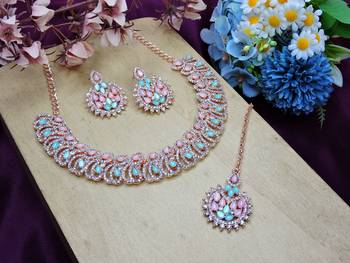 Green rose gold premium designer american diamond and stone work necklace set 2