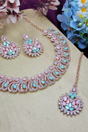 Green rose gold premium designer american diamond and stone work necklace set