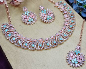 Green rose gold premium designer american diamond and stone work necklace set 3