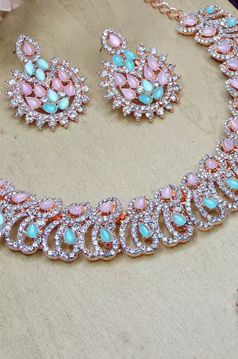 Green rose gold premium designer american diamond and stone work necklace set