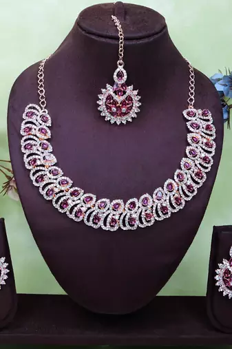 Purple rose gold premium designer american diamond and stone work necklace set