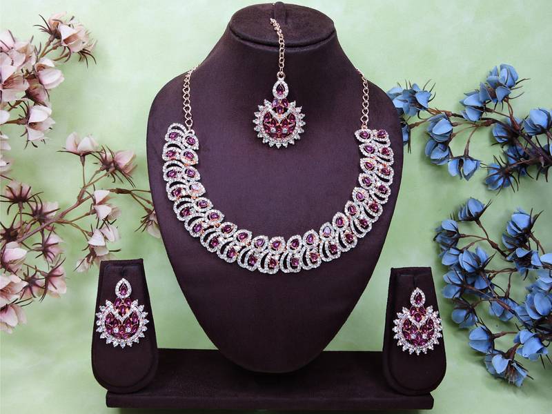 Purple rose gold premium designer american diamond and stone work necklace set