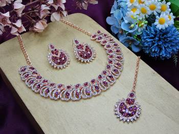 Purple rose gold premium designer american diamond and stone work necklace set 2
