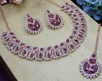 Purple rose gold premium designer american diamond and stone work necklace set 3