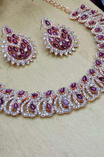 Purple rose gold premium designer american diamond and stone work necklace set