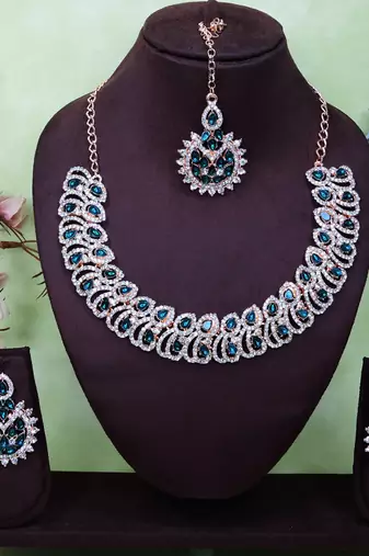 Blue rose gold premium designer american diamond and stone work necklace set