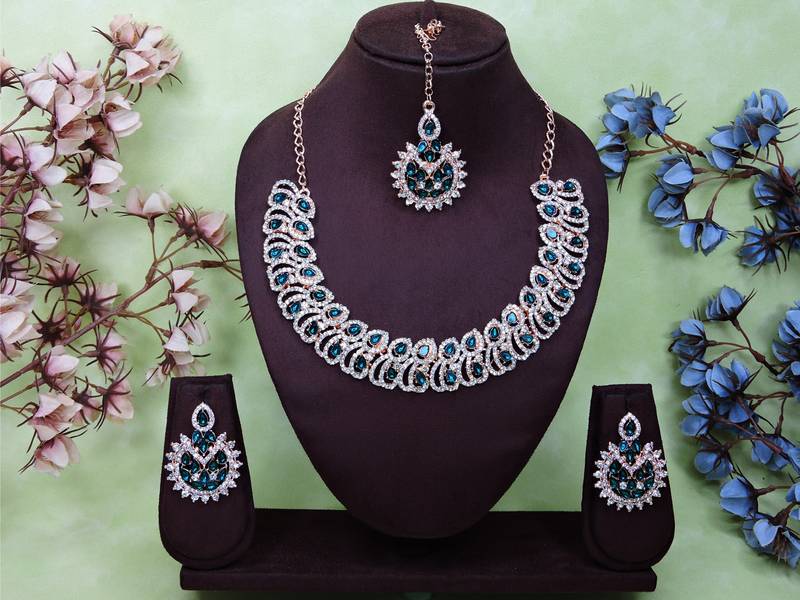 Blue rose gold premium designer american diamond and stone work necklace set