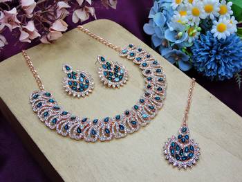 Blue rose gold premium designer american diamond and stone work necklace set 2