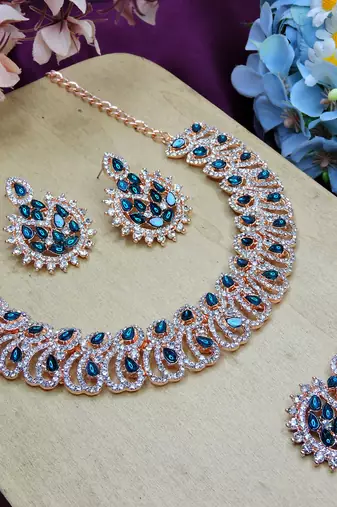 Blue rose gold premium designer american diamond and stone work necklace set