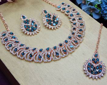 Blue rose gold premium designer american diamond and stone work necklace set 3