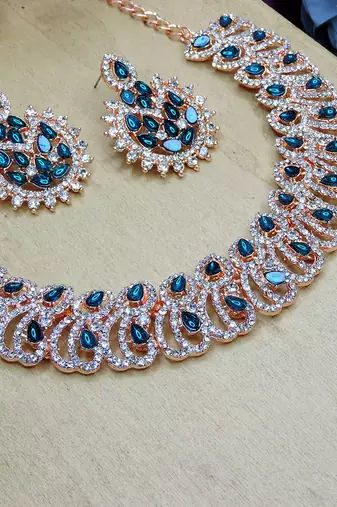 Blue rose gold premium designer american diamond and stone work necklace set