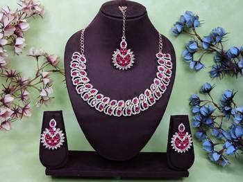 Pink rose gold premium designer american diamond and stone work necklace set 1