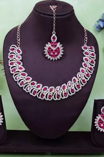 Pink rose gold premium designer american diamond and stone work necklace set