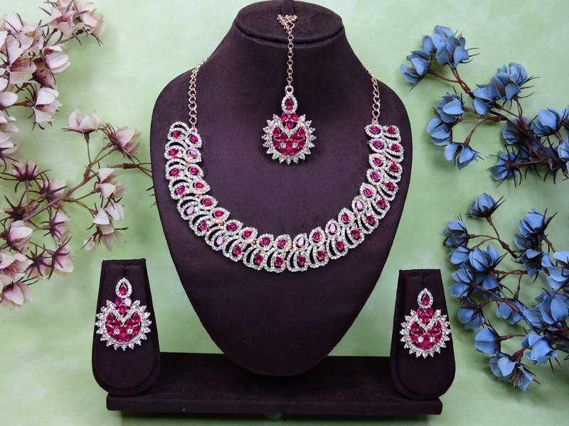 Pink rose gold premium designer american diamond and stone work necklace set