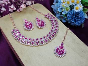 Pink rose gold premium designer american diamond and stone work necklace set 2