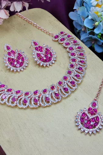 Pink rose gold premium designer american diamond and stone work necklace set