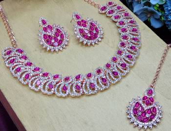 Pink rose gold premium designer american diamond and stone work necklace set 3