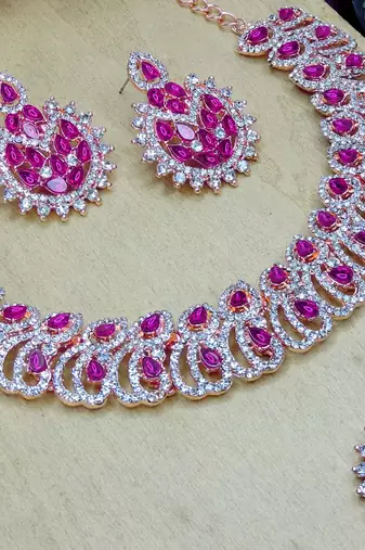 Pink rose gold premium designer american diamond and stone work necklace set