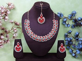 Red rose gold premium designer american diamond and stone work necklace set 1