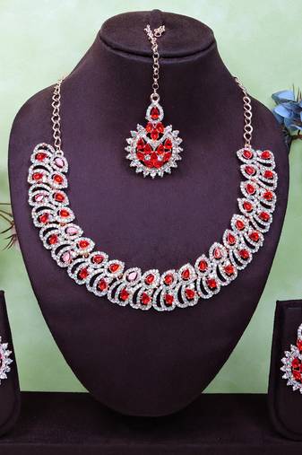 Red rose gold premium designer american diamond and stone work necklace set