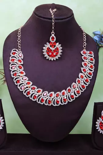 Red rose gold premium designer american diamond and stone work necklace set