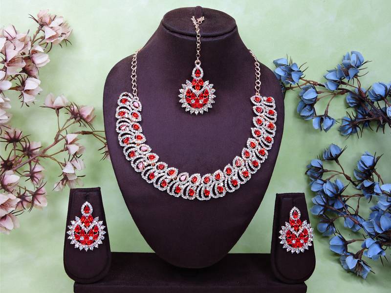 Red rose gold premium designer american diamond and stone work necklace set