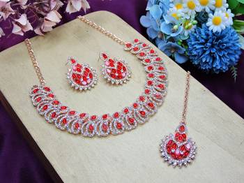 Red rose gold premium designer american diamond and stone work necklace set 2