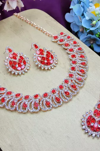 Red rose gold premium designer american diamond and stone work necklace set