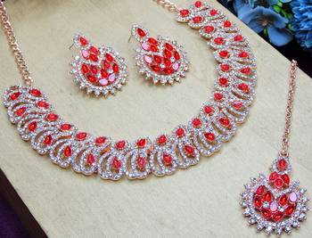 Red rose gold premium designer american diamond and stone work necklace set 3