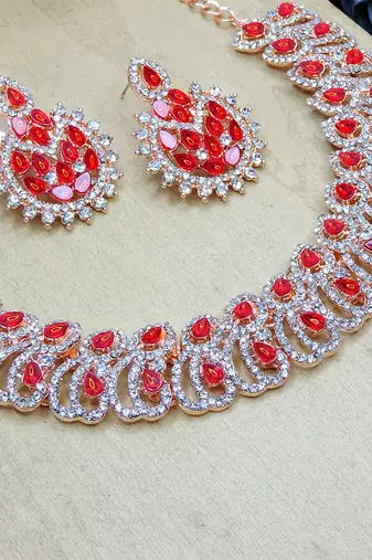 Red rose gold premium designer american diamond and stone work necklace set